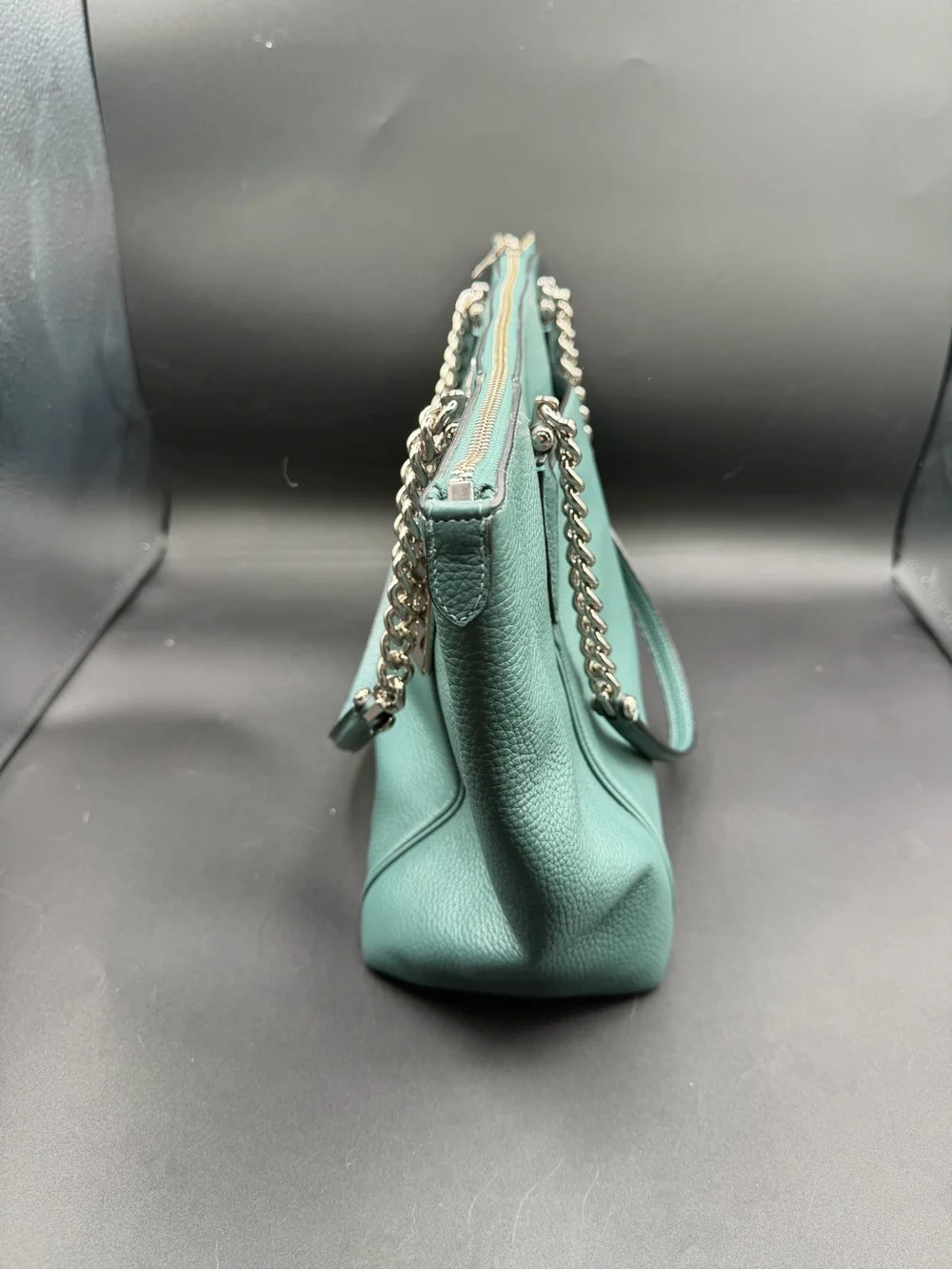 Coach Teal Pebbled Leather Tote Bag — Silver Chain Strap Shoulder Bag - Picture 3 of 8